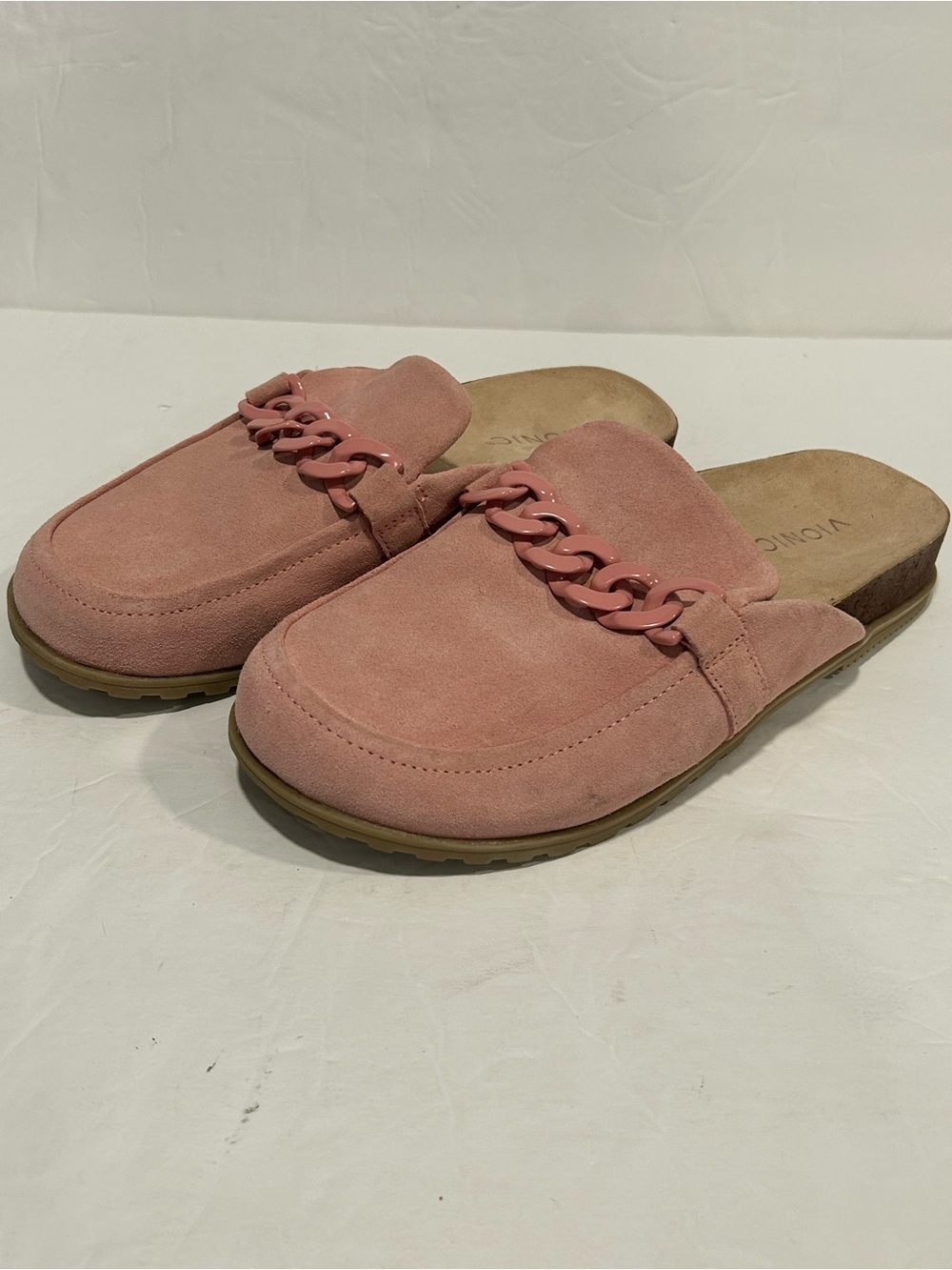 Vionic Georgie Pink Suede Mule Shoes Orthopedic Chain Link Arch Support Sz 7.5
